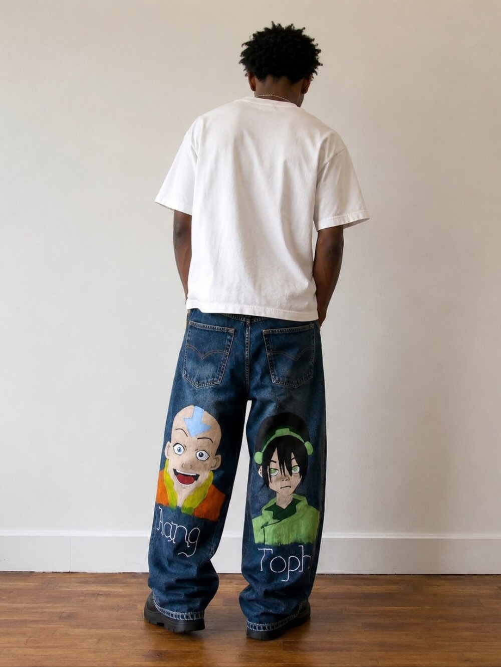Vtg 90s Wide Leg Anime Hand Painted Jeans Avatar The Last Airbender Sz 34